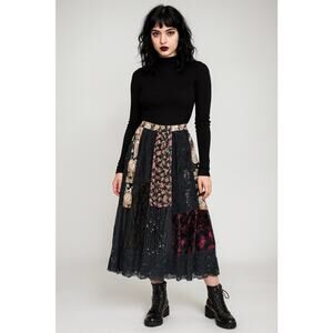 JUDY’S Patched Velvet Sequin Floral Lace Midi Skirt Whimsical Goth Boho Chic S